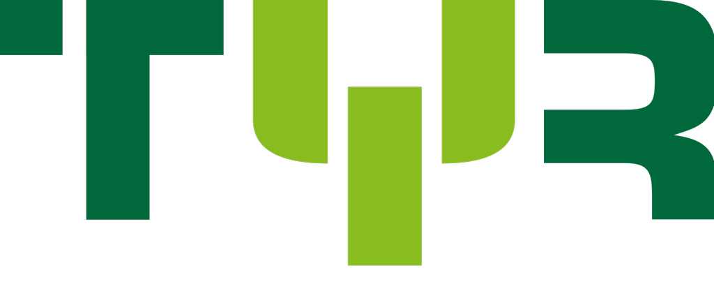 Logoen til TYR. TYR skrevet med store bokstaver i to ulike grønnfarger. Illustrasjon.