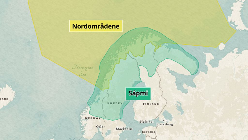 Kart som viser utbredelsen av nordområdene og Sápmi. Illustrasjon.