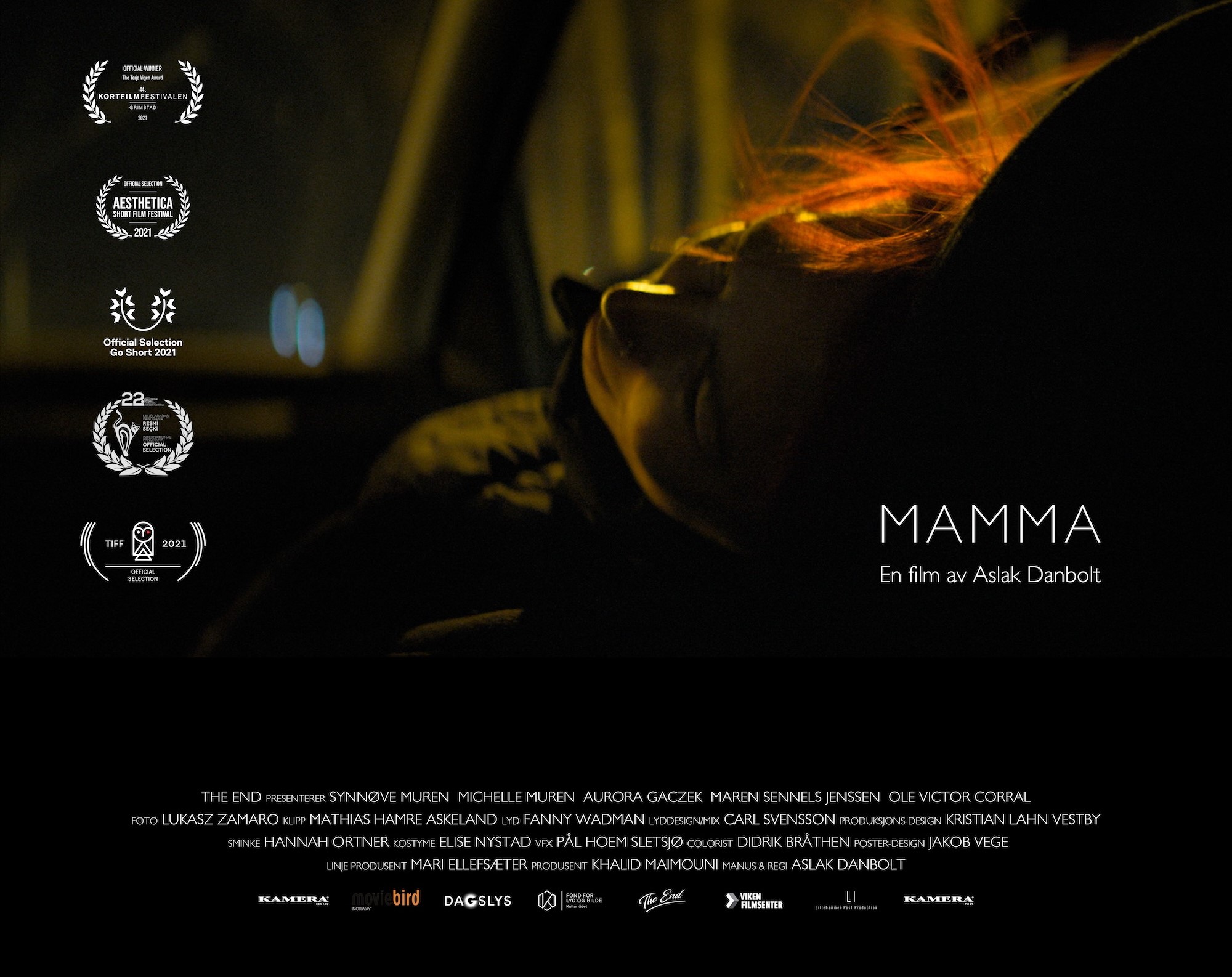 Filmplakat for filmen Mamma, med informasjon om prisar filmen har vunne, tittel og eit foto av ein person som ligg i framsetet på ein bil. Plakat.