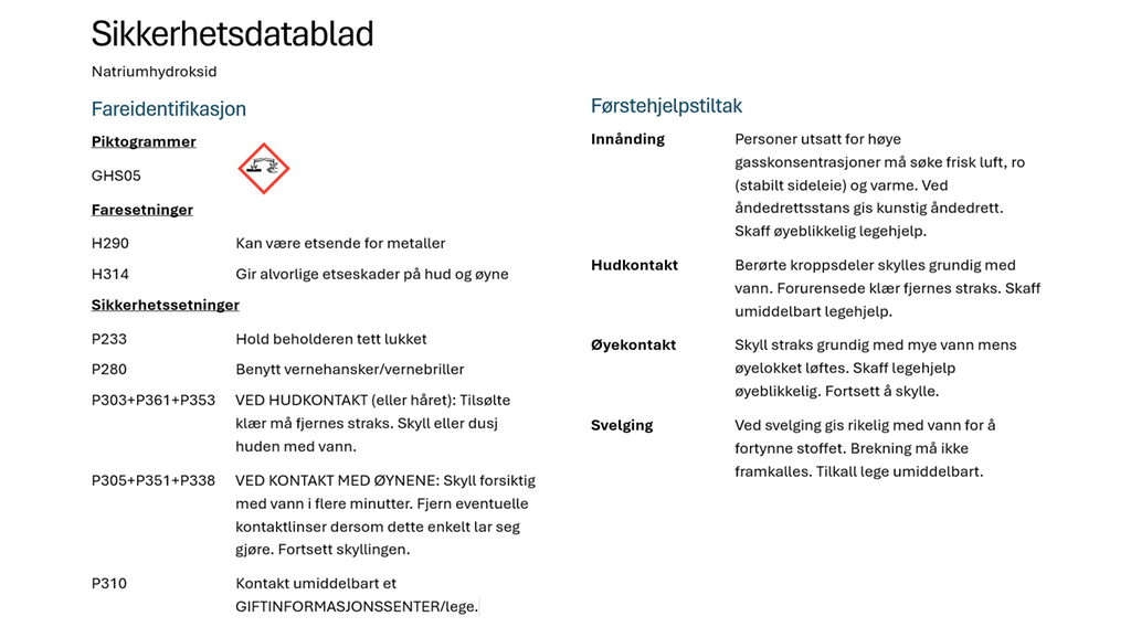 Utsnitt av sikkerhetsdatablad med piktogram som viser at et stoff er etsende. I tillegg står fare- og sikkerhetssetninger og førstehjelpstiltak. Foto.