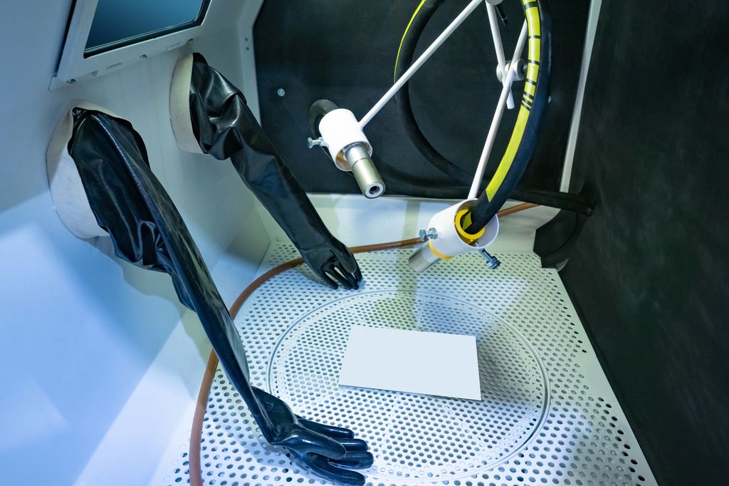 Kabinettet har eit vindauge, to lange gummihanskar festa til kvart sitt hol og to blåsepistolar. I botnen er det ei rist. Foto.