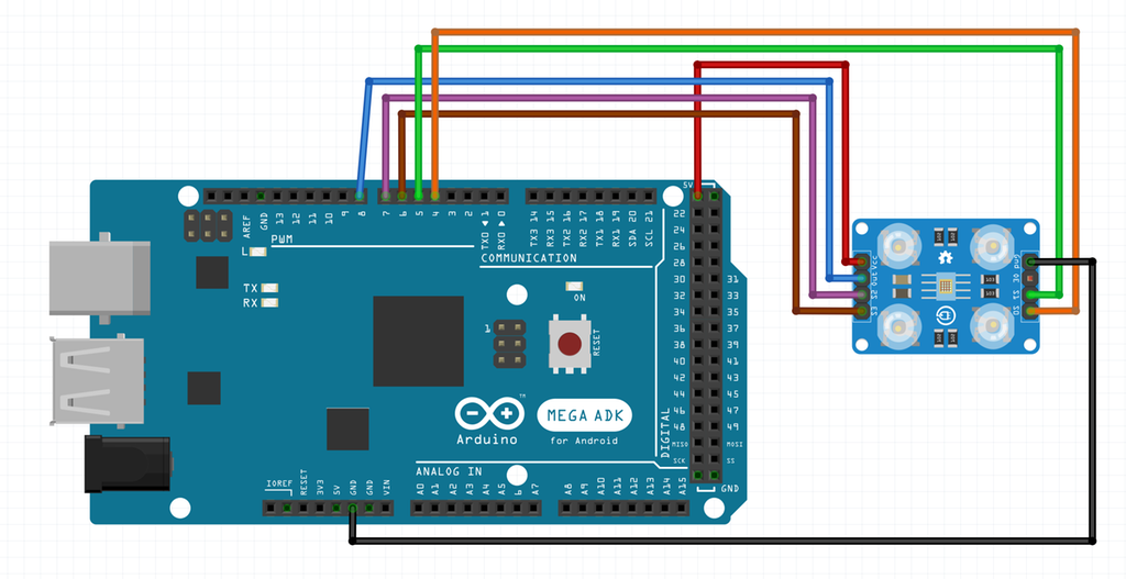 En mikrokontroller av typen Arduino Mega kopla til en RGB-sensor. Det går ledninger fra Arduinoen til sensoren mellom koblingspunktene GND og GND, 4 og S0, 5 og S1, 6 og S3, 7 og S2, 8 og Out samt 22 og Vcc. Illustrasjon.