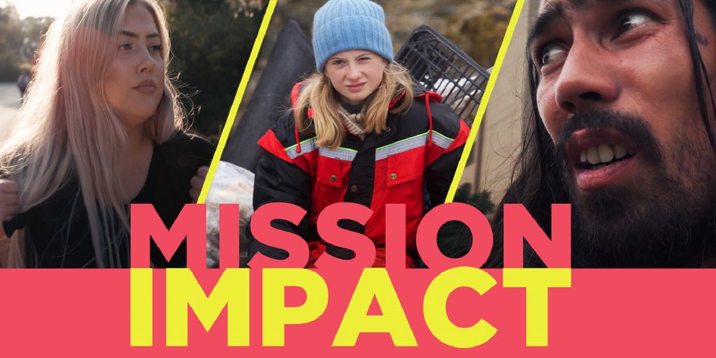 Foto av tre unge mennesker. Teksten Mission Impact i forgrunnen. Illustrasjon.
