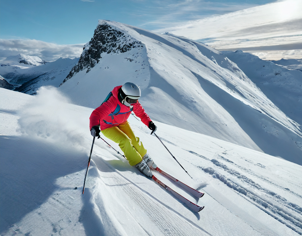 Person på ski i eit fjellandskap. Personen har to stavar i den eine handa. KI-foto.