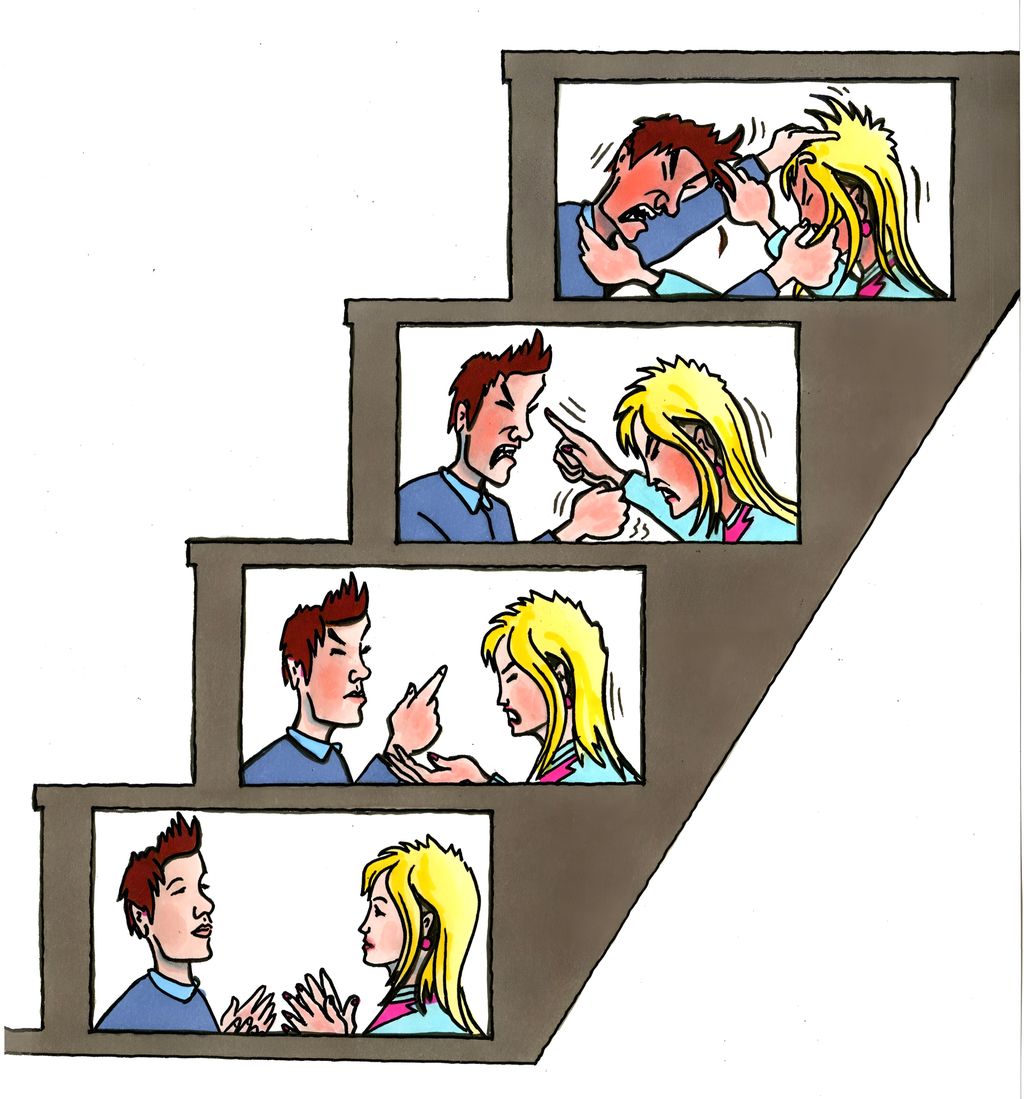 A staircase with two people, a man and a woman, on each step. In the first image they are talking, in the step above they are arguing, above that it has become more heated, and in the last image they are fighting. Illustration.