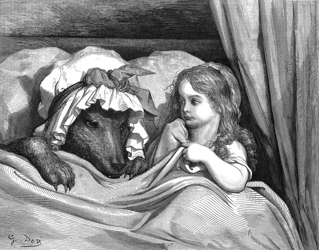 Rødhette i senga sammen med ulven som er utkledd som bestemor. Illustrasjon