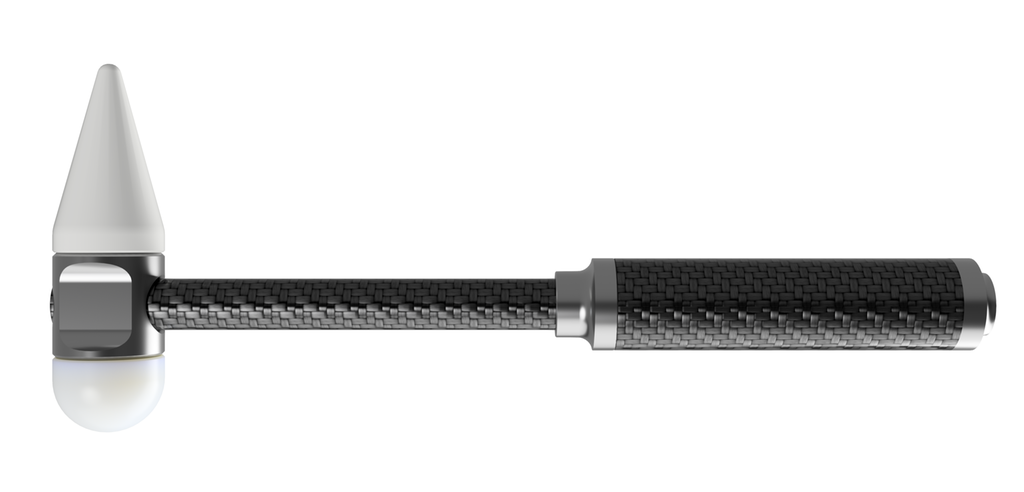 Hammer med ei avrunda og ei kjegleforma slagflate i nylon. Illustrasjon.