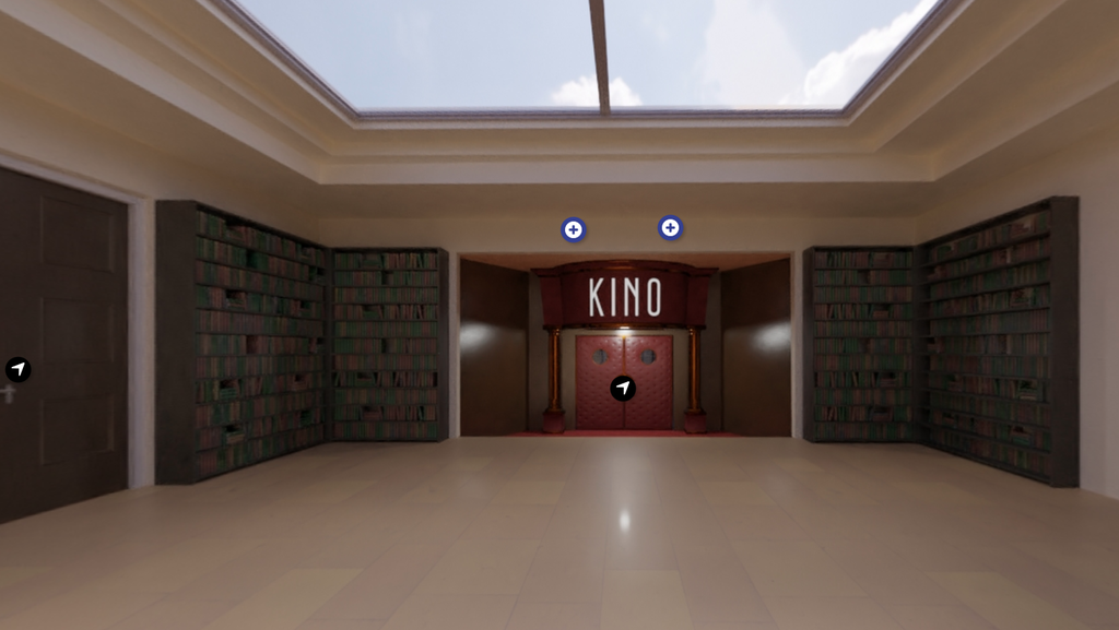 Inngangen til en kino mellom en rekke bokhyller. 3D-grafikk.