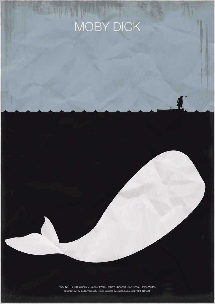 A man in a small boat holding a harpoon. In the ocean underneath him is a gigantic, white whale. Cover art.