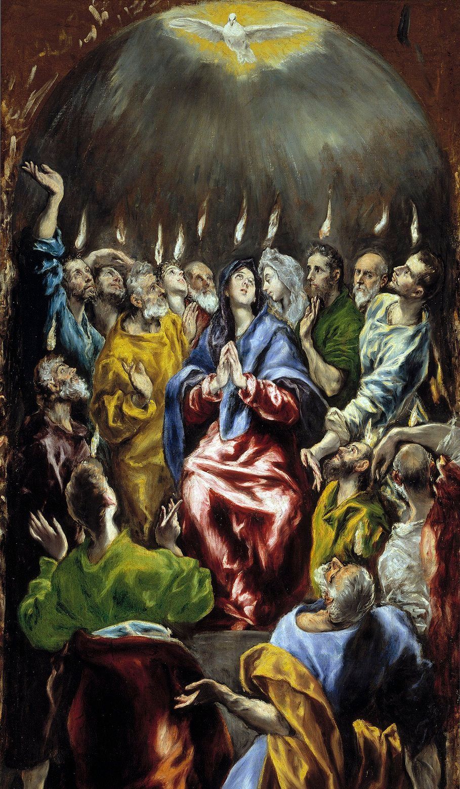 Oljemaleri av Maria og disiplene til Jesus. De har ild over hodene sine og ser opp mot ei due. Foto.