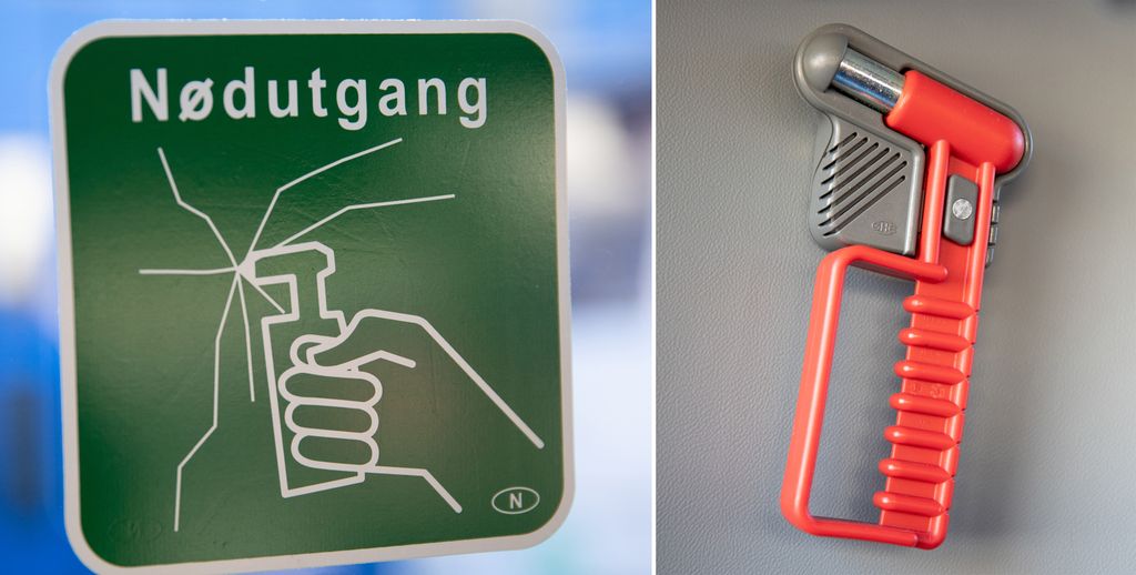 Kollasj som viser nødhammer og skilt for nødutgang.