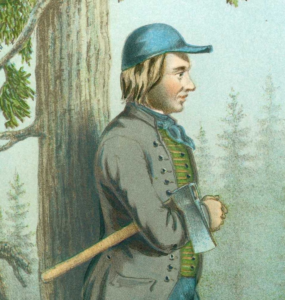 Mann med flott jakke med knapper og vest og skyggelue, med øks under armen. Han står lent inntil en trestamme. Trykk.