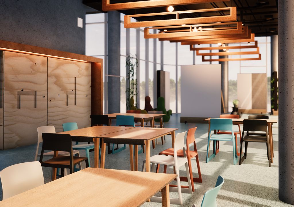 Illustrasjon som viser interiørforslag til ei kantine.