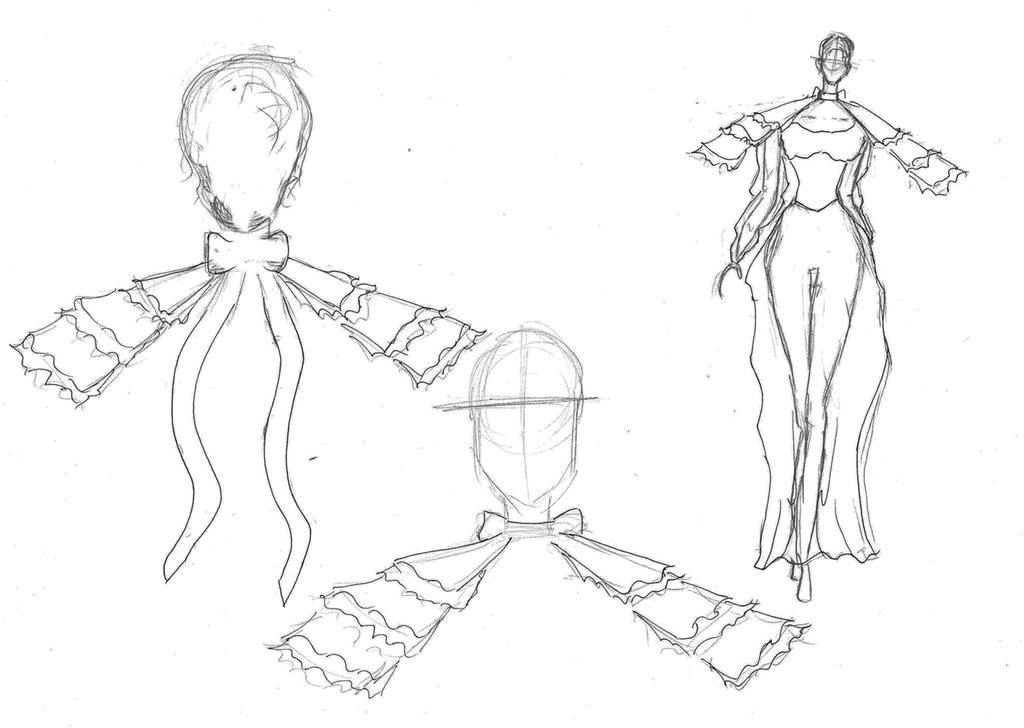 Tre skisser, to av detalj av krage og en av helfigur. Illustrasjon.