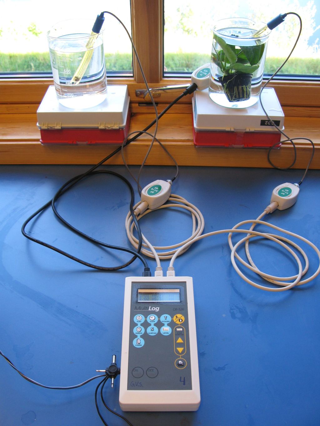 Logger med tilkoblede følere og forsøksglassene. Foto.