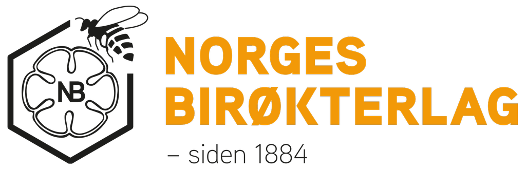 Logoen til Norges Birøkterlag. Til venstre en bie som flyr rundt en blomst med bokstavene NB i svart midt i blomsten, til høyre teksten Norges Birøkterlag – siden 1884. Illustrasjon.