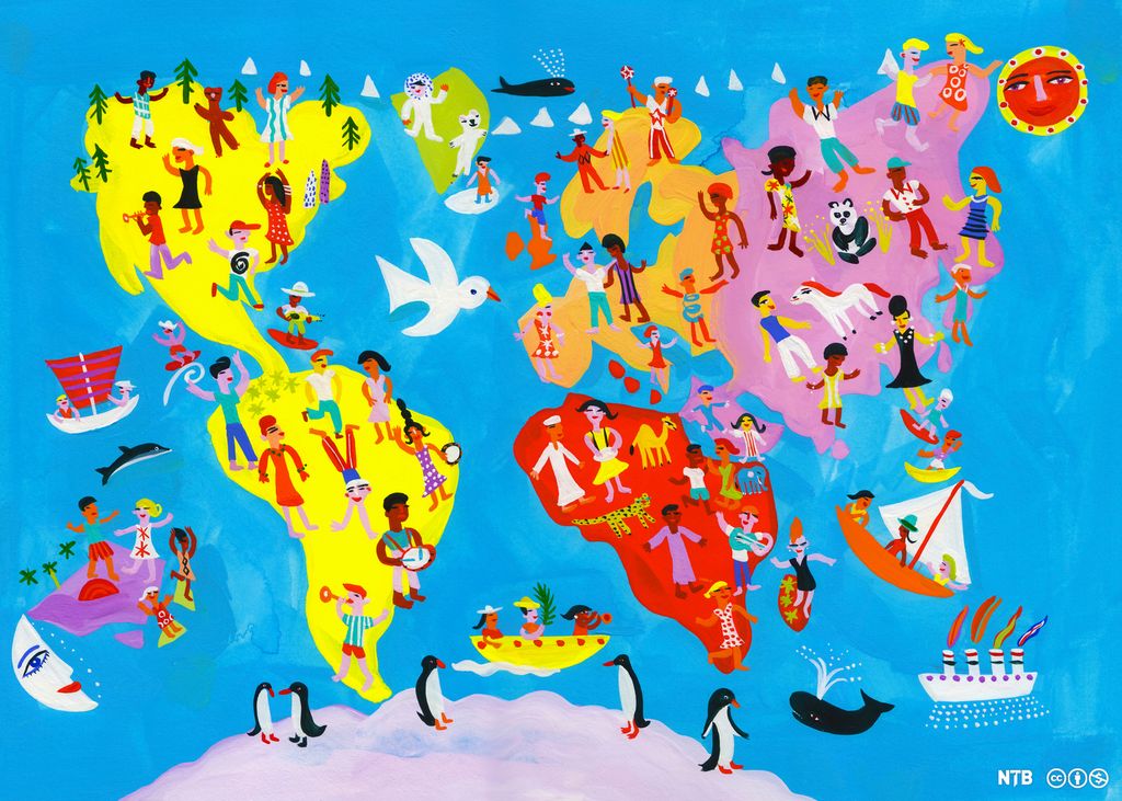 A world map drawn in a child-like style with bright colours, animals, boats, and people. Photo.
