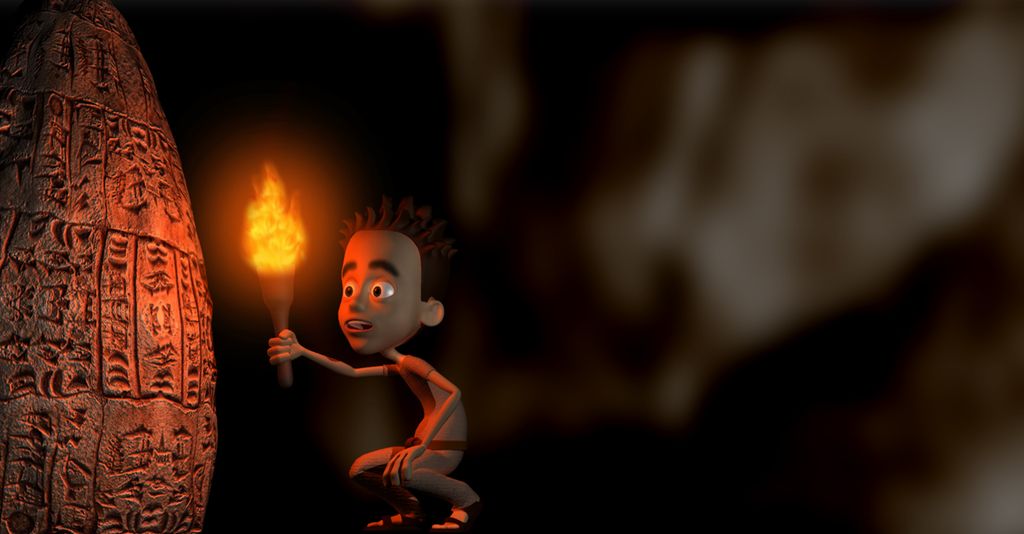 Gutt som ser på hieroglyfer på en stein eller vegg. Illustrasjon.