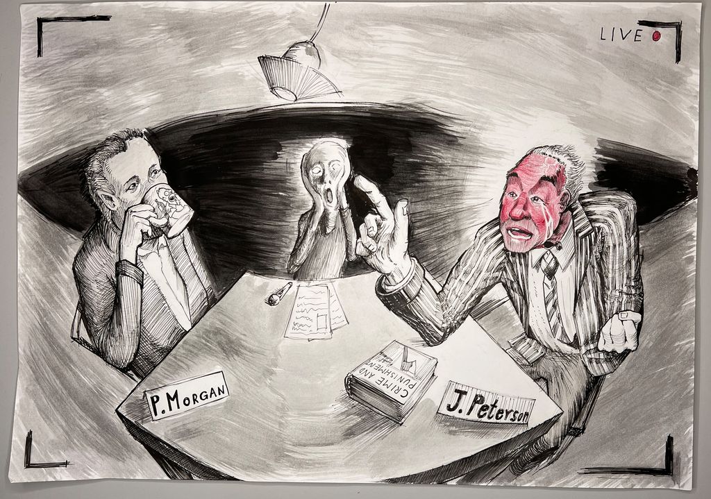 Skrikfiguren er vitne til en diskusjon mellom P. Morgan og J. Peterson. Illustrasjon.