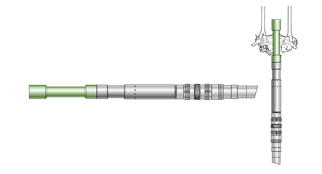 En løftestuss er montert i toppen (til venstre) på et packer assembly. Til høyre vises funksjonen med løftestussen i elevatoren (løfteredskapet). Illustrasjon.