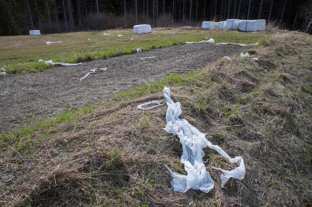 Kvit plast strødd utover et jorde. I bakgrunnen ligger høyballer pakket i den samme kvite plasten. Foto.