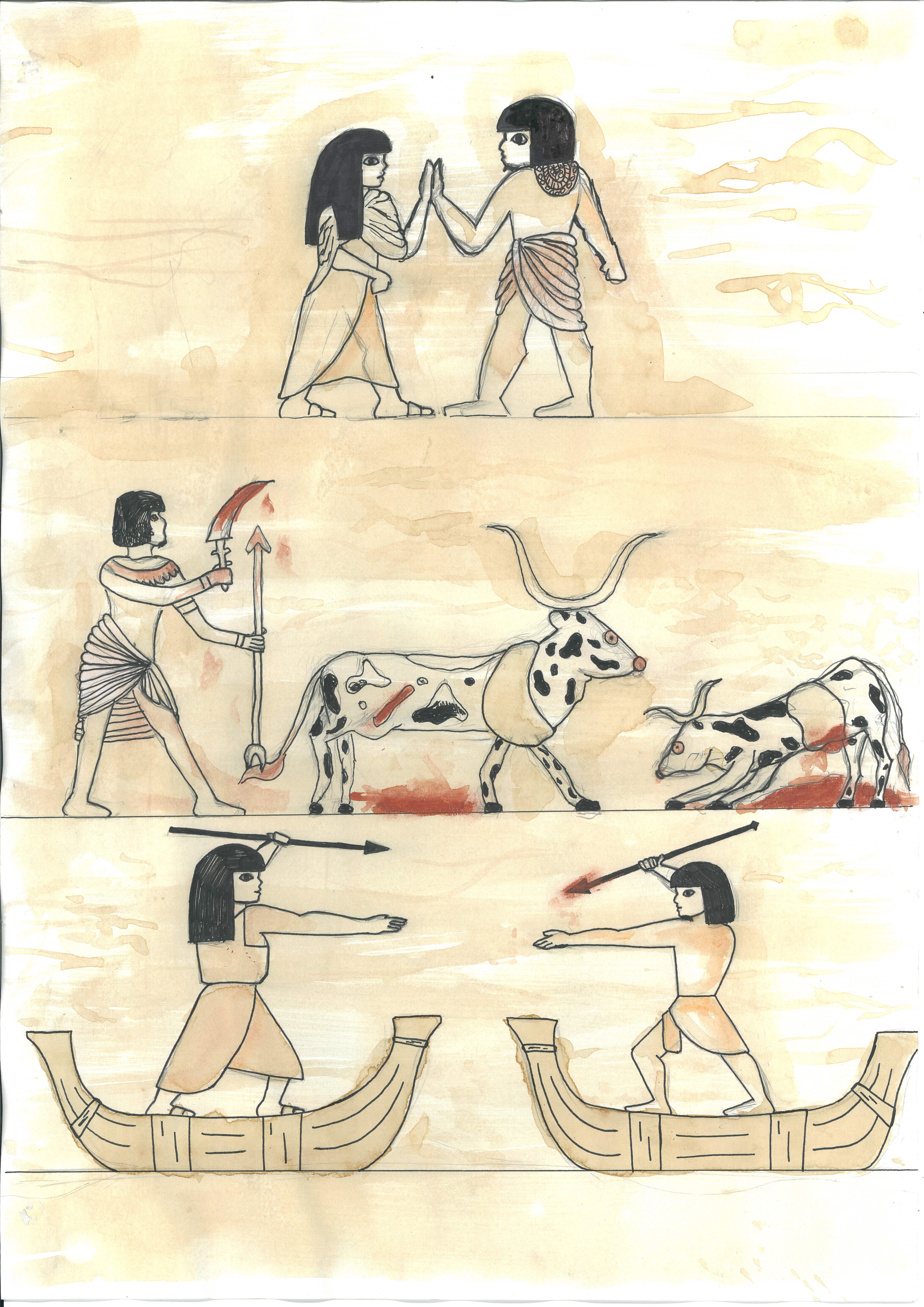 Tegning med tre felt. Det øverste viser en mann og ei dame, det midterste en mann som dreper ei ku og en kalv, og det nederste viser to båter hvor to mennesker peker på hverandre med spyd. Illustrasjon.