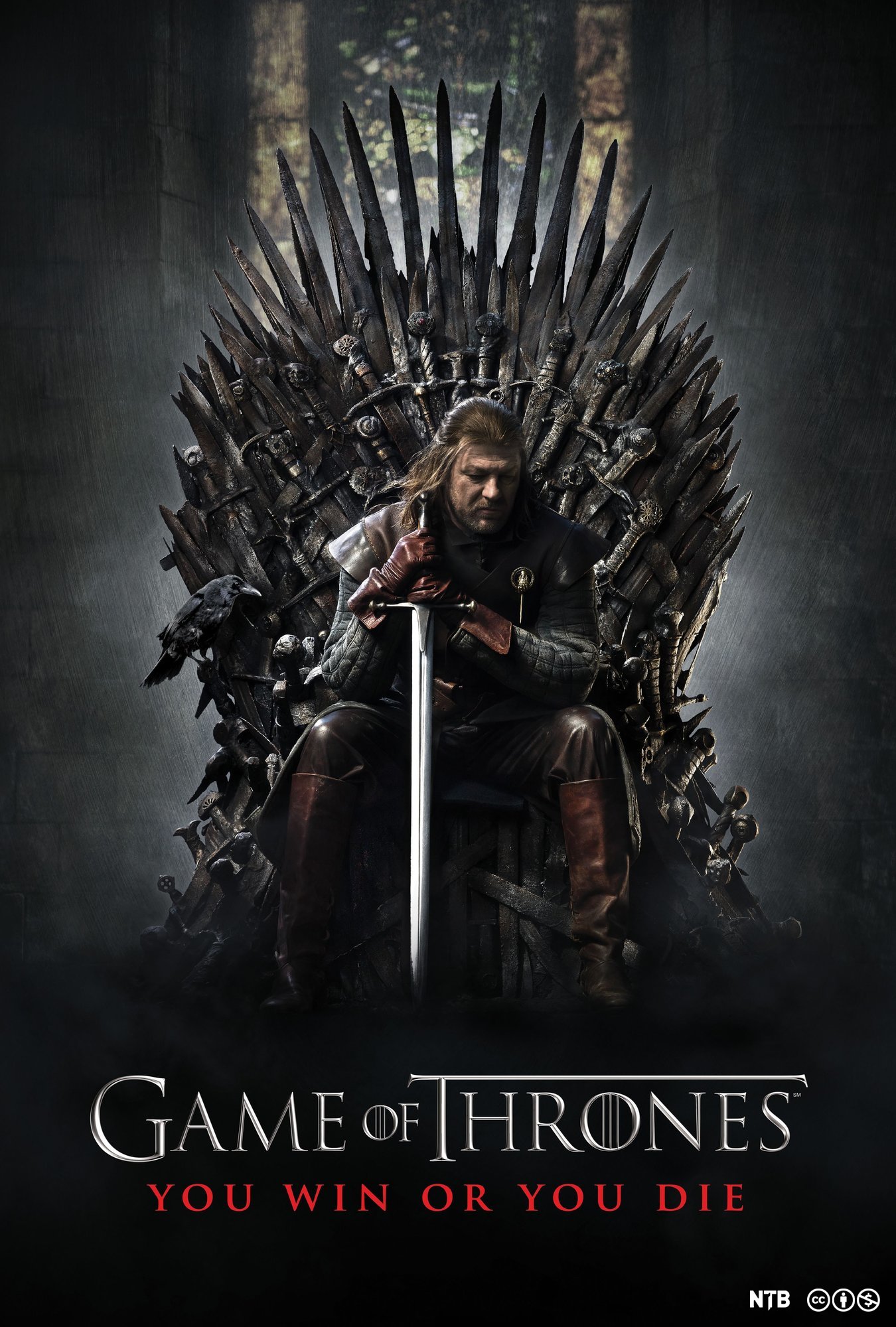 En mann sitter med et sverd på en trone. Filmplakat for Game of thrones. Foto