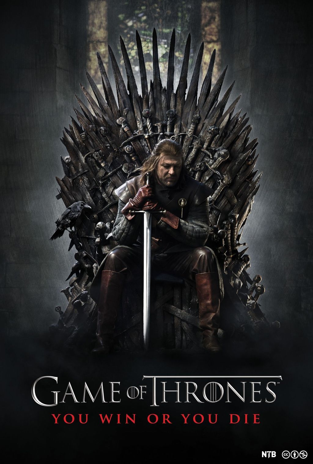 Ein mann sit med eit sverd på ei trone. Filmplakat for Game of Thrones. Foto