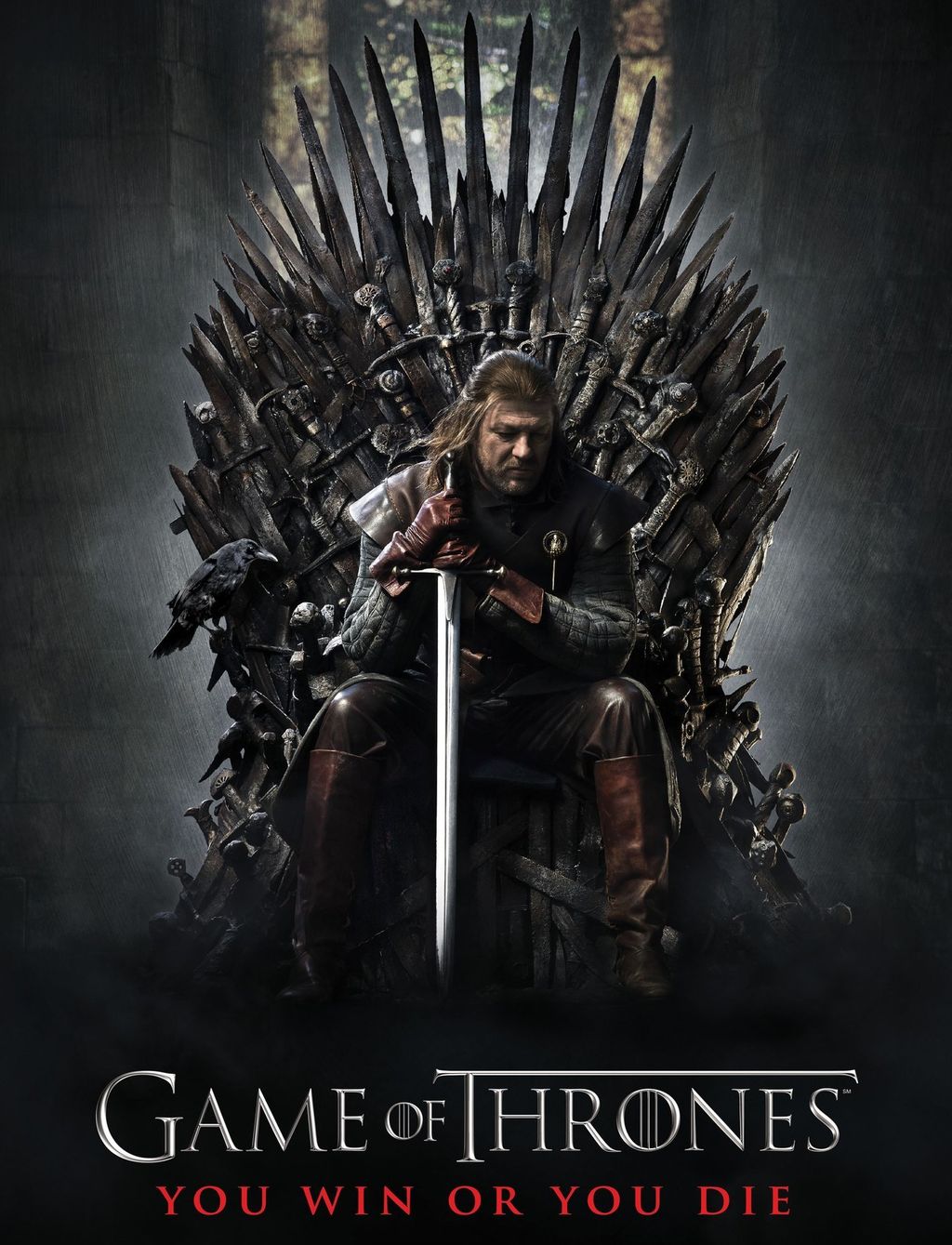En mann sitter med et sverd på en trone. Filmplakat for Game of thrones. Foto