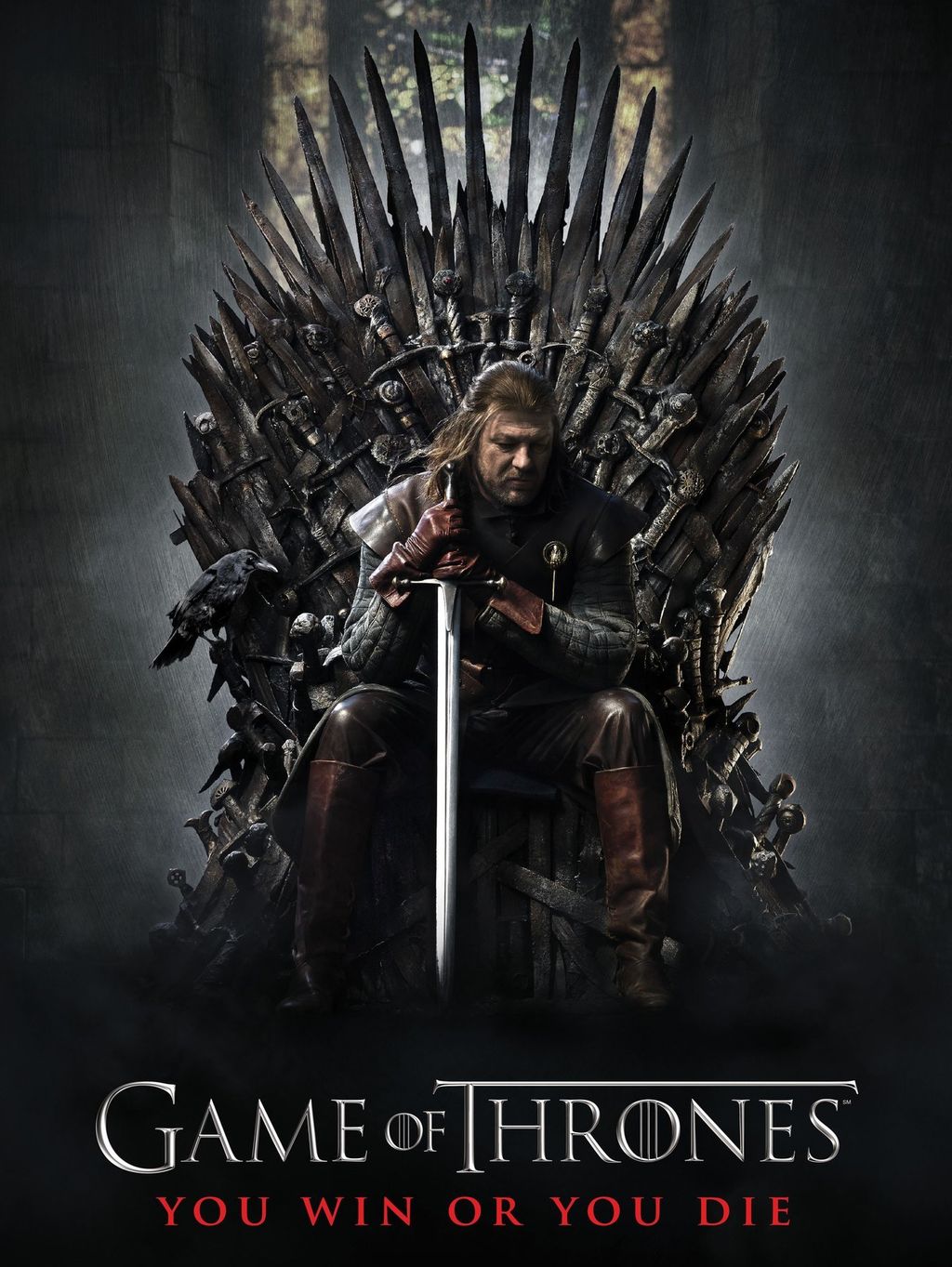 En mann sitter med et sverd på en trone. Filmplakat for Game of thrones. Foto
