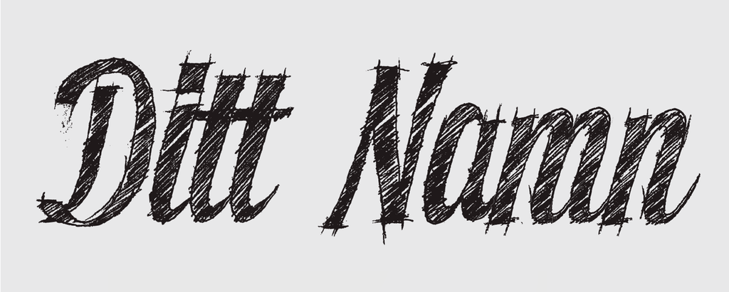 Skisse av orda "ditt namn". Fonten er ein type imitert handskrift, og orda er teikna med blyantstrek. Illustrasjon.