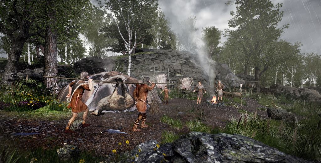 To personer bærer et nedlagt vilt hengende på en stokk mellom seg. De er på vei til en boplass der det er bål og et slags telt. Historisk illustrasjon. 