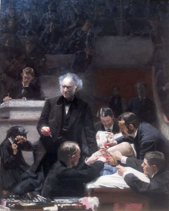 Portrait of Dr. Samuel Gross. Dr Gross is in a middle of an operation. He's surrounded by other doctors aiding him and students who are taking notes. Painting. 