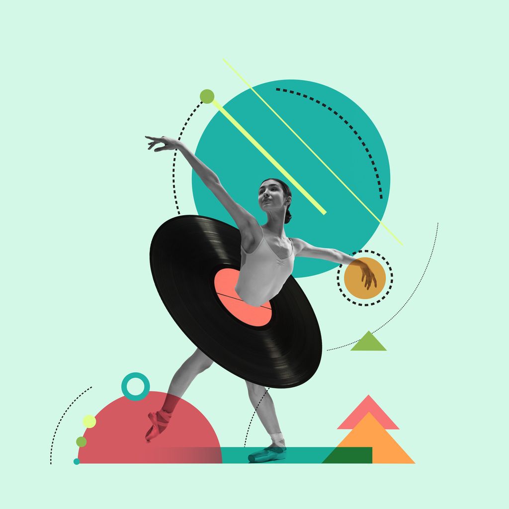 Kollasj med foto av en kvinnelig ballettdanser, som har en vinylplate som skjørt, omgitt av pastellfargede geometriske figurer. Illustrasjon.