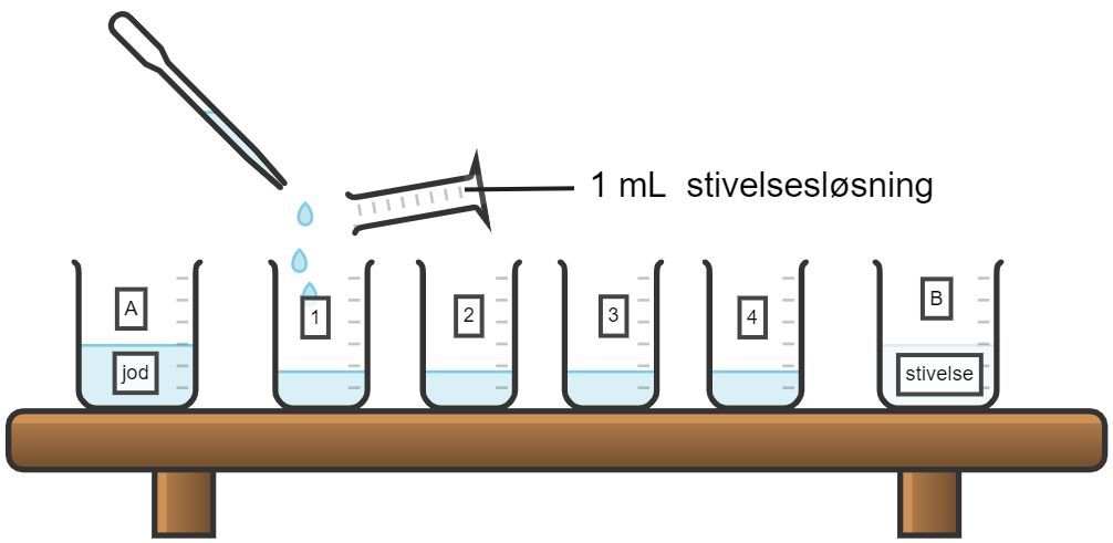Nummererte begerglass og glass med jod og stivelse oppstilt på et bord. Illustrasjon.