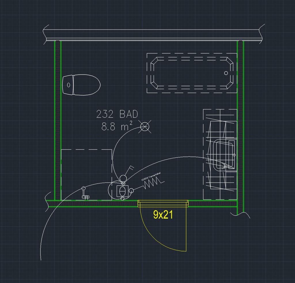 IP-grad på eit baderom, tala viser romnummer og dimensjonar. Dei skraverte felta viser område som er spesielt utsette for sprut. Skjemateikning.
