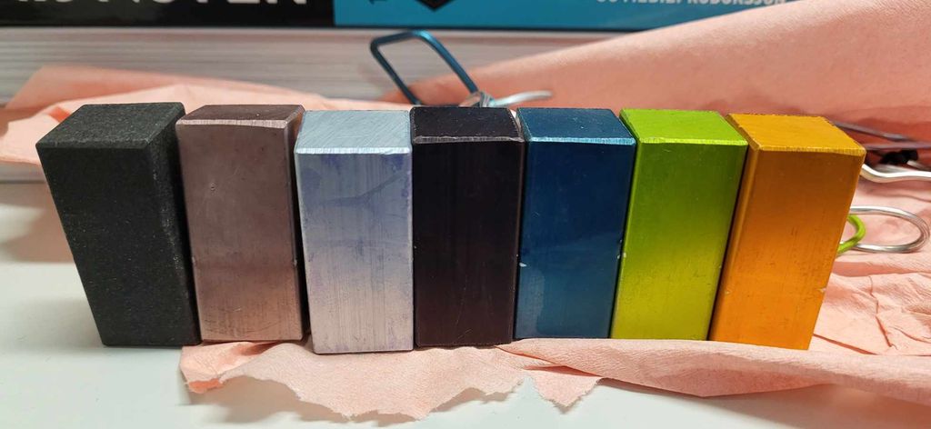 Klosser av aluminium i mange ulike farger. Foto