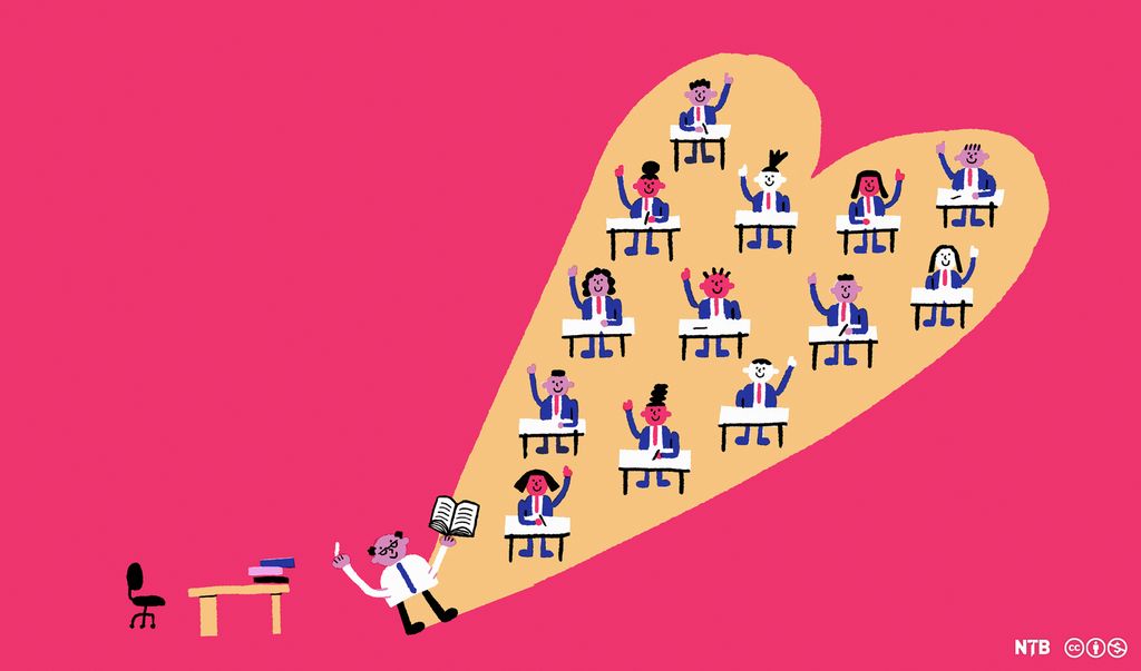 A teacher is standing in front of a class. All the kids have their hand up. A heart radiates from the teacher around the pupils. Illustration.