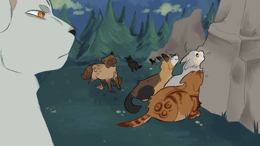 Fleire kattar. Katten i forgrunnen er mykje større enn kattane i mellomgrunnen og bakgrunnen. Illustrasjon.