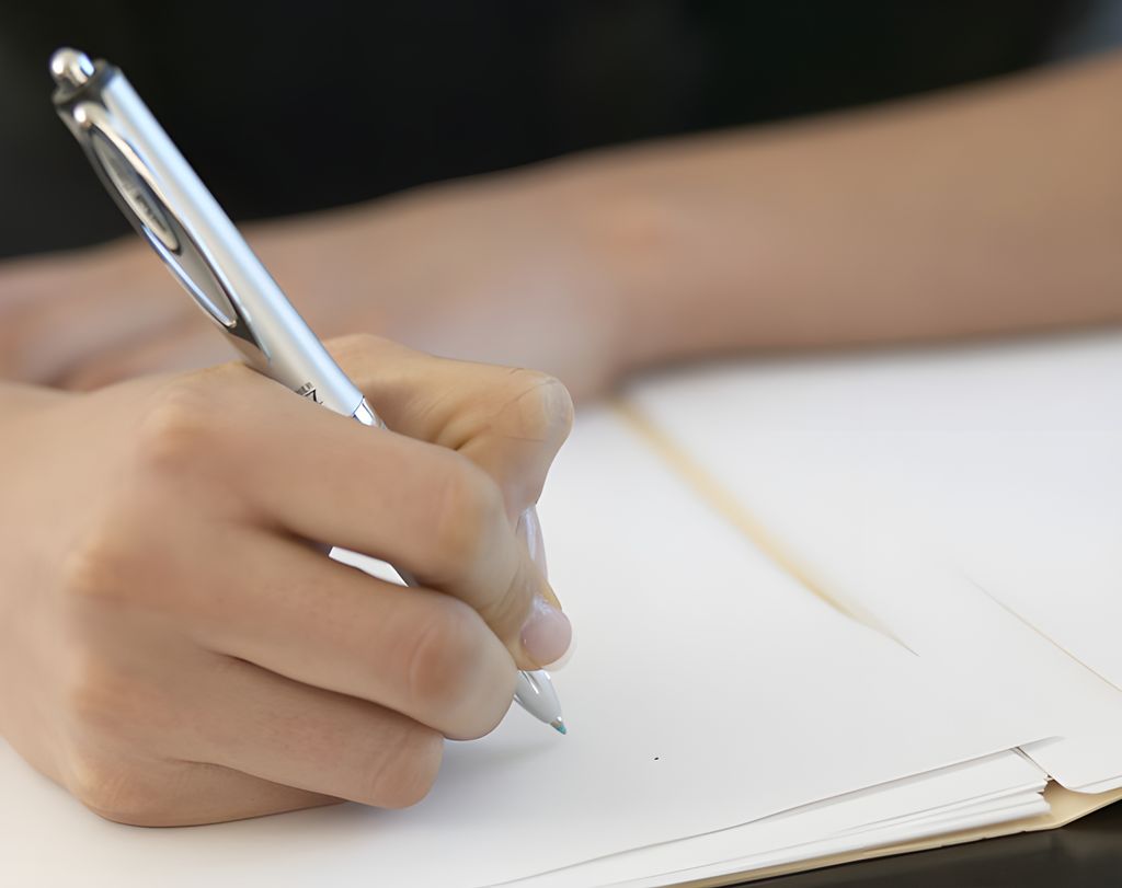 Hånd med penn som skriver på et ark. Foto.