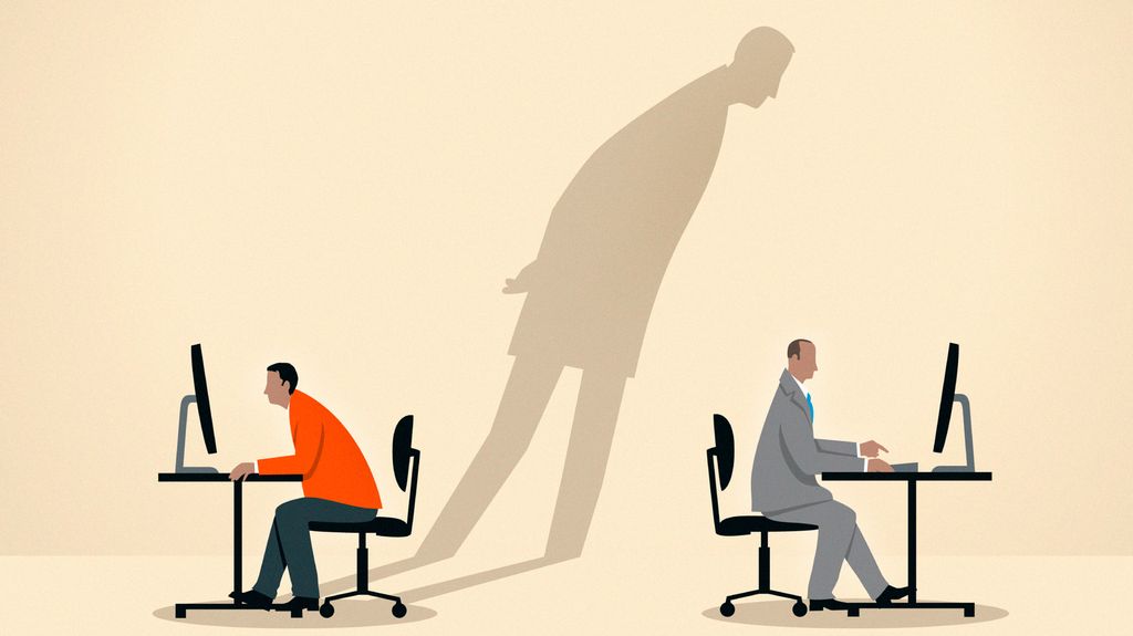 Å stele idéen til ein annan person. Skuggen av ein mann ser over skuldra på ein som jobbar på ein PC. Illustrasjon.