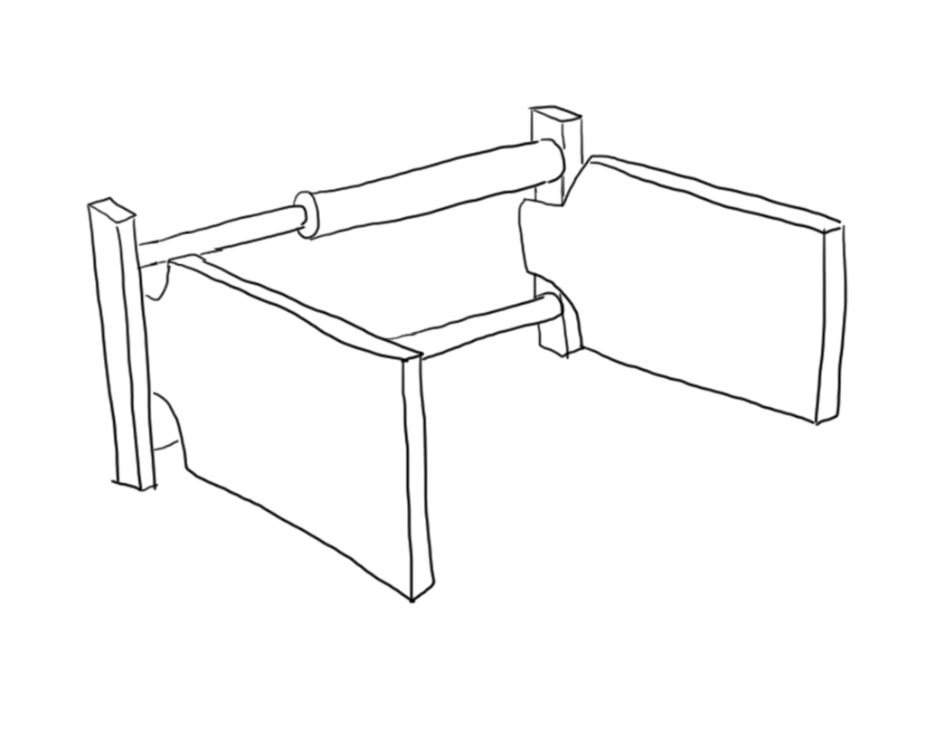 På tegningen ser du et løfteutstyr til truck som klemmer sammen to parallelle plater slik at man kan løfte paller med for eksempel leca, takstein og betongelementer. Tegning. 
