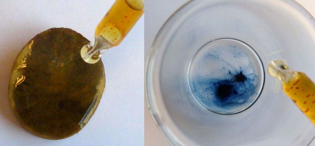 Jodløsning dryppes på potet og i stivelsesløsning. Foto.