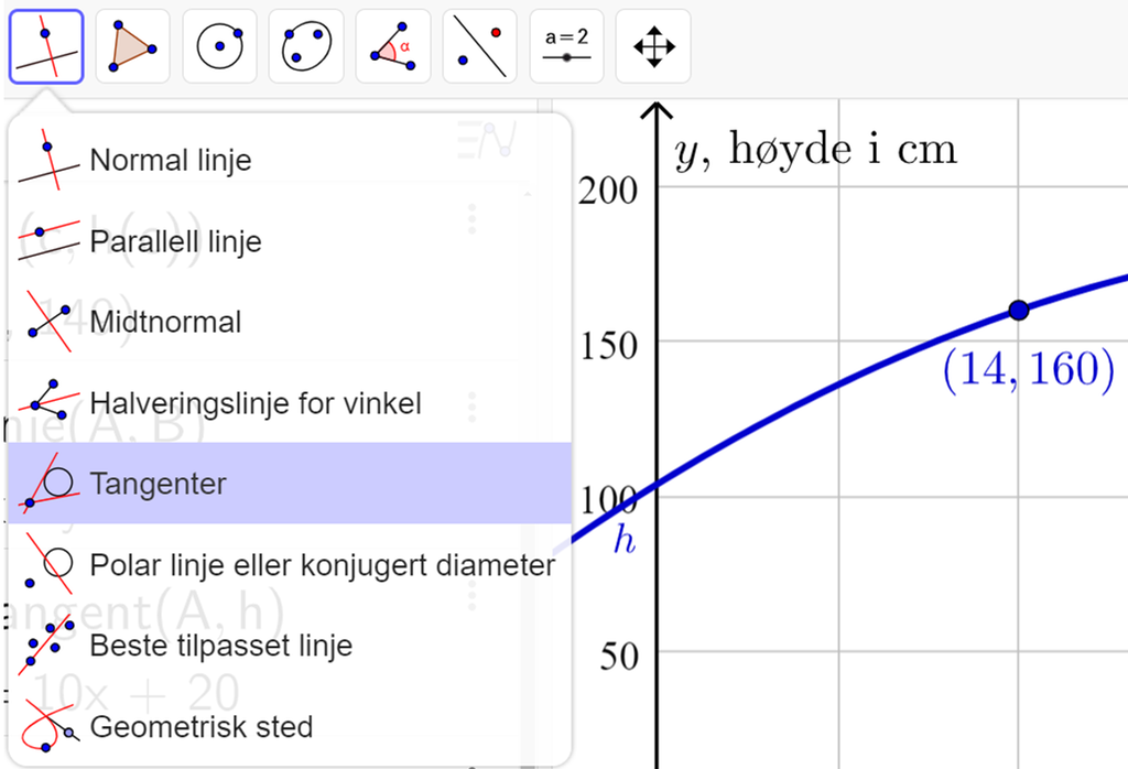 Skjermutklipp fra GeoGebra som viser at verktøyet "Tangenter" ligger som femte valg under knappen for verktøyet "Normal linje".