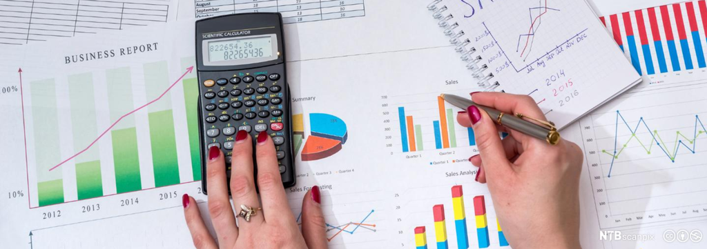  En kvinne jobber med kalkulator og mange ulike grafer og diagrammer. Foto.