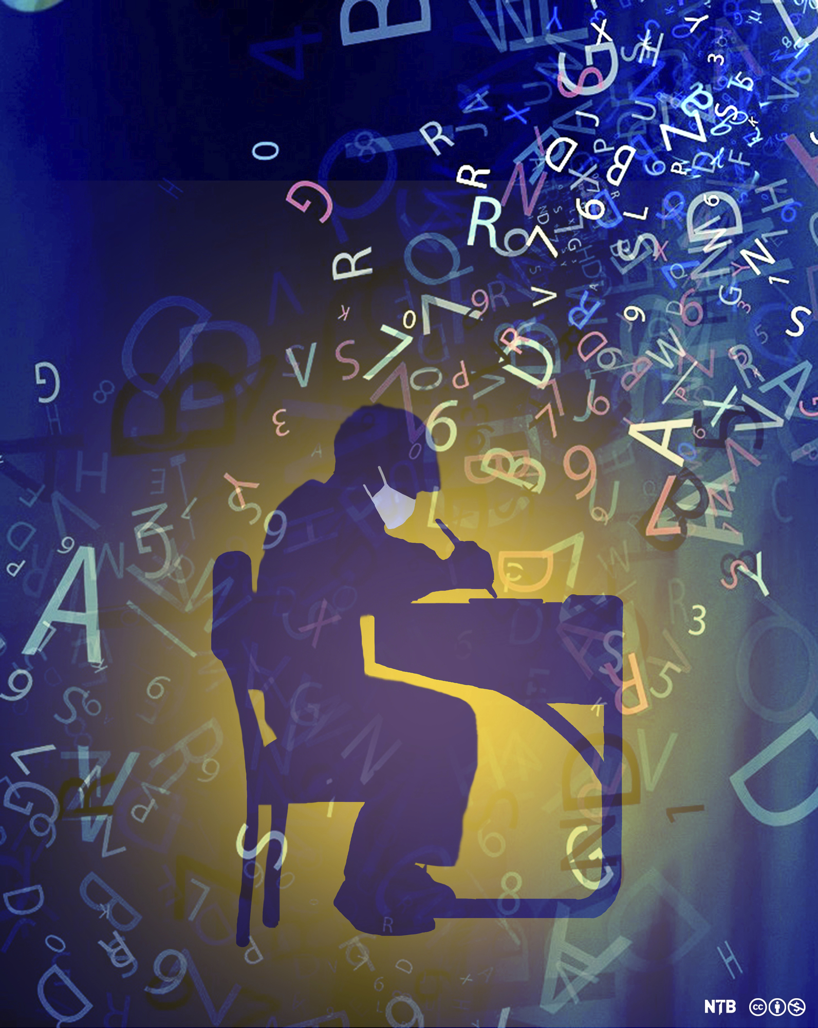 Person at desk wearing a mask. They are writing. Letters flow all around him. Illustration. 