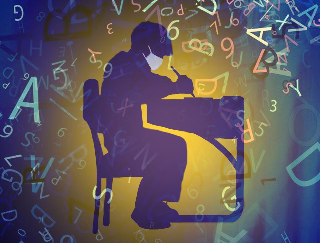 Person at desk wearing a mask. They are writing. Letters flow all around him. Illustration.