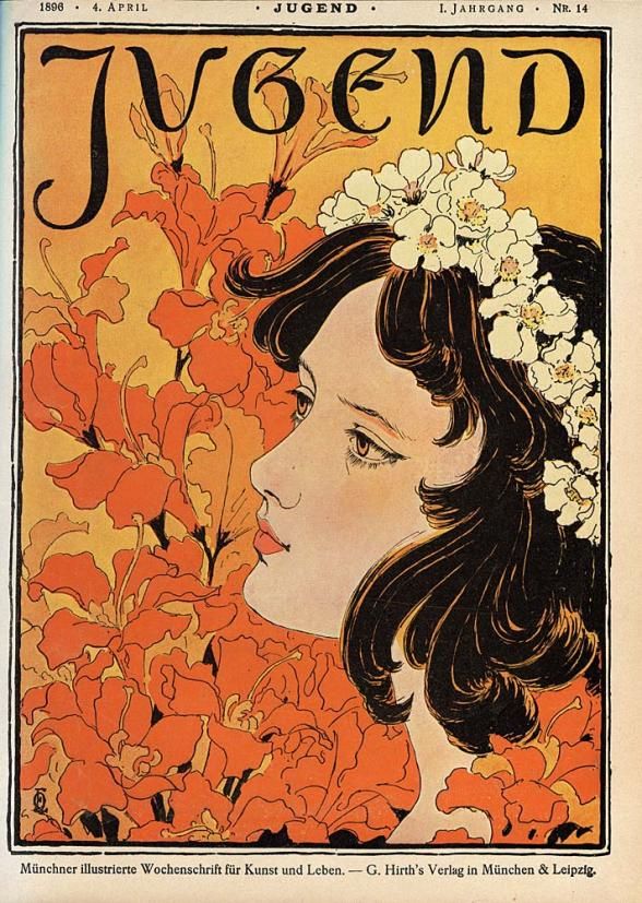 Tittelen "Jugend" er plassert over en kvinneprofil foran stiliserte blomster. Illustrasjon.