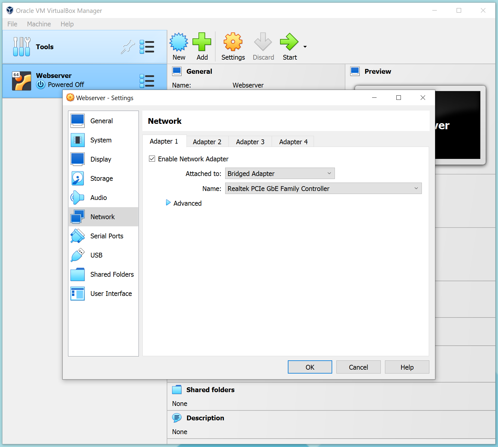 Skjermbilde fra programmet Virtualbox som viser et vindu med innstillinger for virtuelt nettverkskort. 