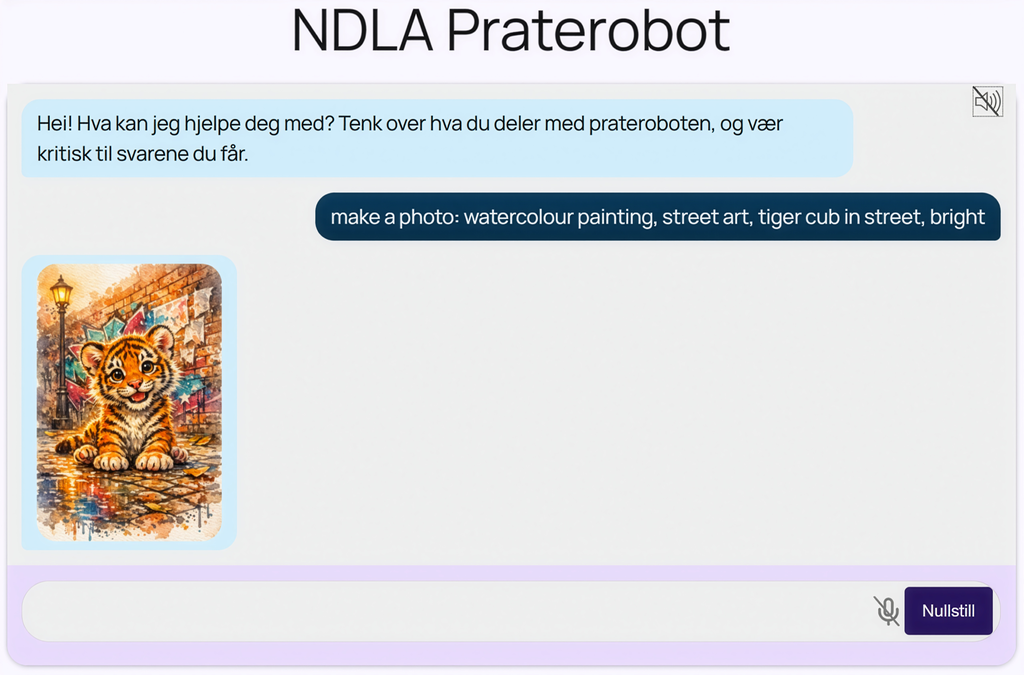 Skjermdump fra NDLA Praterobot som viser ledeteksten make a photo: watercolour painting, street art, tiger cub in street, bright. Under har det dukket opp et generert bilde av en tiger i sterke farger foran en mur. Skjermbilde.